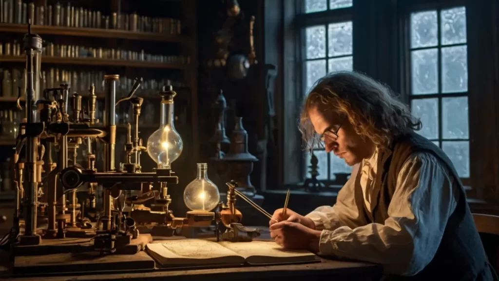 AI-generated surreal vision of Zacharias Janssen inventing the first compound microscope in a 16th-century alchemist’s workshop, with glowing lenses, floating microorganisms, and anachronistic scientific revelations