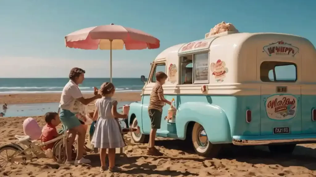 A vintage 1950s-style Mr Whippy ice cream van parked at a sunny beach, serving a tall, swirled soft-serve cone to a smiling child, with a nostalgic retro aesthetic and warm lighting.