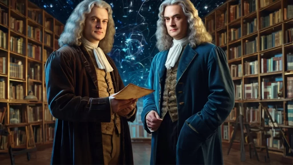 Isaac Newton and Gottfried Leibniz, the mathematicians who invented calculus, stand amid floating equations in a cosmic library, their discoveries shaping modern science