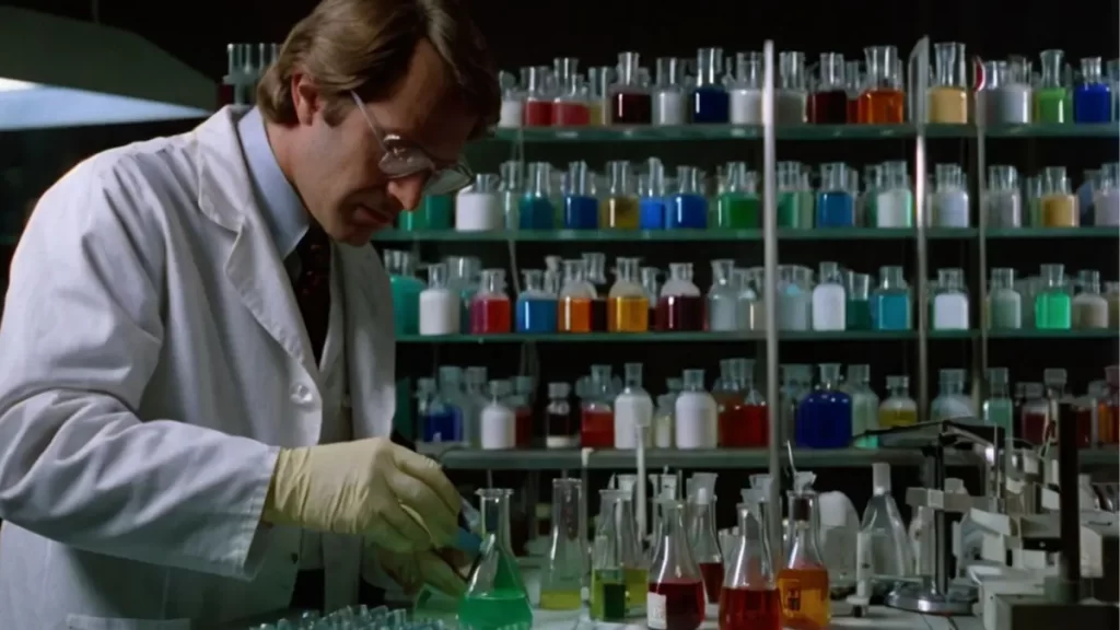 Scientist in 1970s laboratory developing early gel nail technology, mixing chemicals at workbench with UV light equipment and prototype gel nail samples