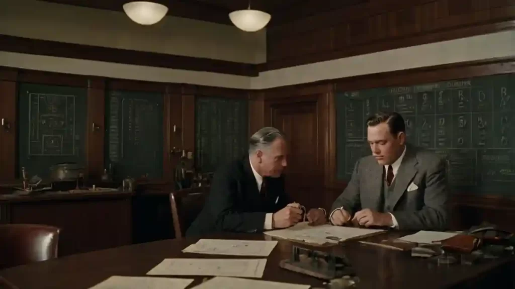 Vintage 1930s NFL draft war room with executives planning player picks around an oak table