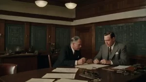 Vintage 1930s NFL draft war room with executives planning player picks around an oak table