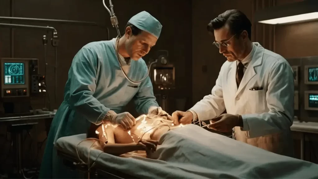 Two doctors in vintage medical attire perform surgery in an old-fashioned operating room, with visible wires and glowing lights connected to the patient lying on the table. Medical monitors and equipment from a mid-20th century setting are seen in the background.