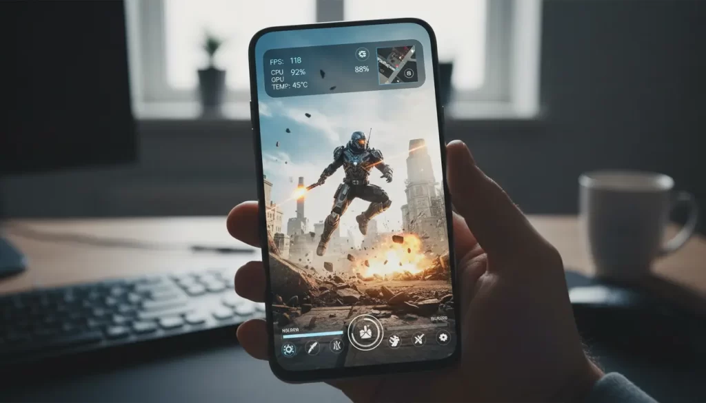 A close-up shot of a smartphone screen displaying a high-graphics action game with a semi-transparent settings overlay showing performance metrics like FPS and CPU usage. The background is slightly blurred to focus on the device.