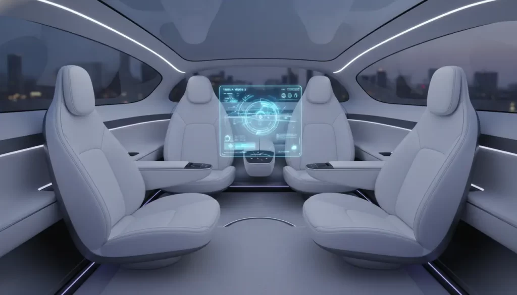 Tesla-Model-Z-2035 Interior view of the Tesla Model Z, four seats facing each other in a lounge configuration, white vegan leather, minimalist design, large holographic display in the center, ambient LED lighting, no steering wheel visible.