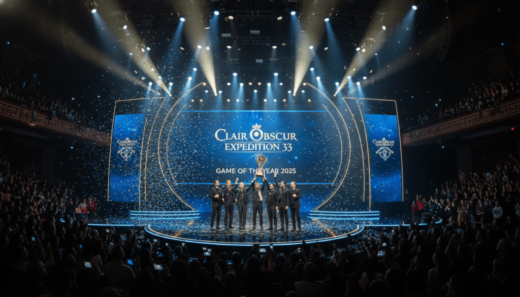 A photo-realistic wide shot of the stage at The Game Awards 2025 in the Peacock Theater, showing the developers of Clair Obscur: Expedition 33 holding the Game of the Year trophy, confetti falling, dramatic stage lighting in blue and gold hues.