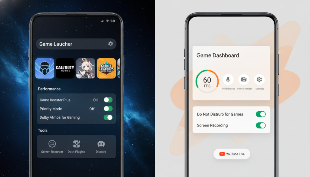 A split-screen comparison image showing the Samsung Game Launcher interface on the left and the Google Pixel Game Dashboard on the right, highlighting the different icons and toggle switches.