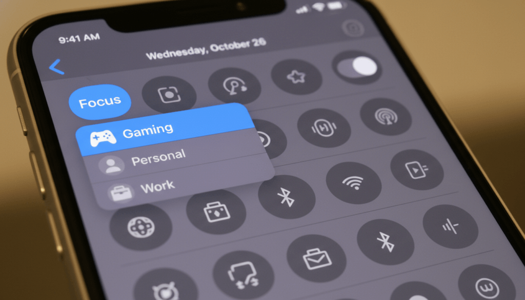 An iPhone screen displaying the Control Center with the 'Focus' button highlighted. A dropdown menu shows a 'Gaming' option with a controller icon.