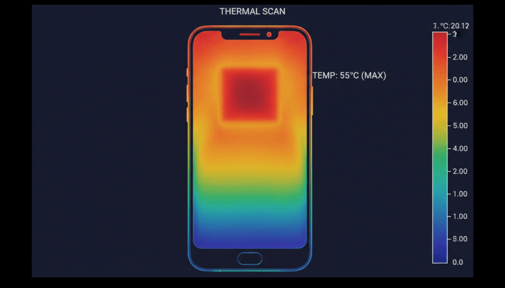 A thermal camera visualization of a smartphone, showing bright red and orange colors around the processor area, indicating high heat generation during intense usage.