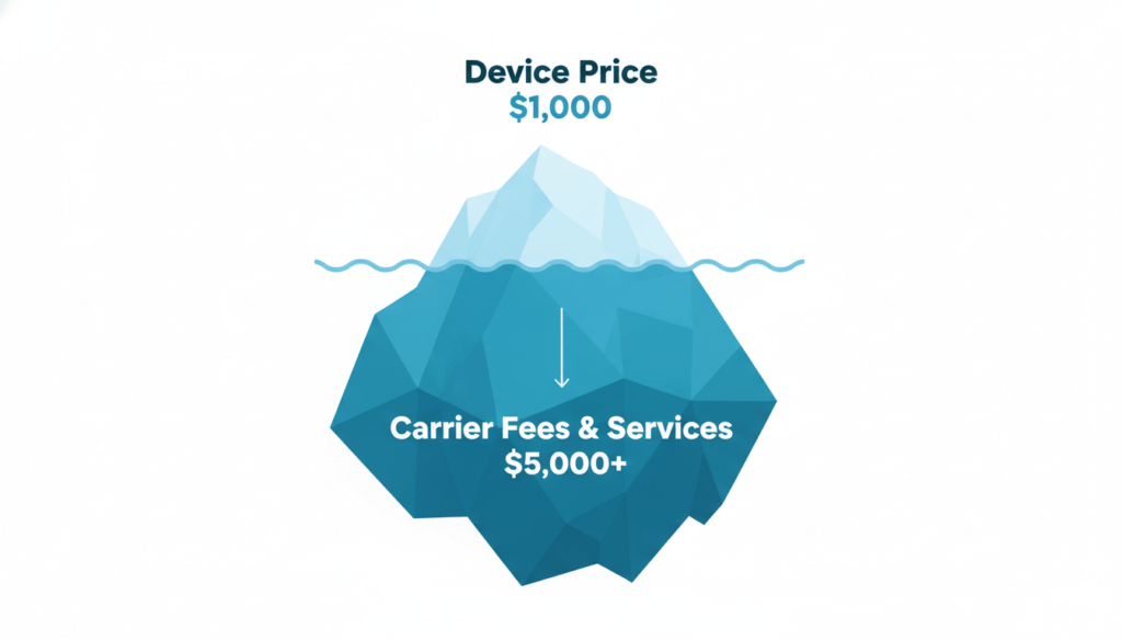 A clean, professional infographic showing an iceberg concept. The tip of the iceberg is labeled 'Device Price ($1,000)' and the much larger submerged portion is labeled 'Carrier Fees & Services ($5,000+)'.