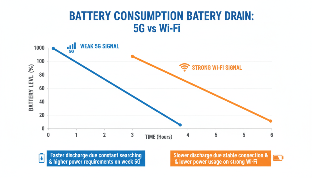 Infographic chart displaying battery consumption rates over time, comparing a device on weak 5G signal versus strong Wi-Fi signal, showing a steeper decline for the 5G device.