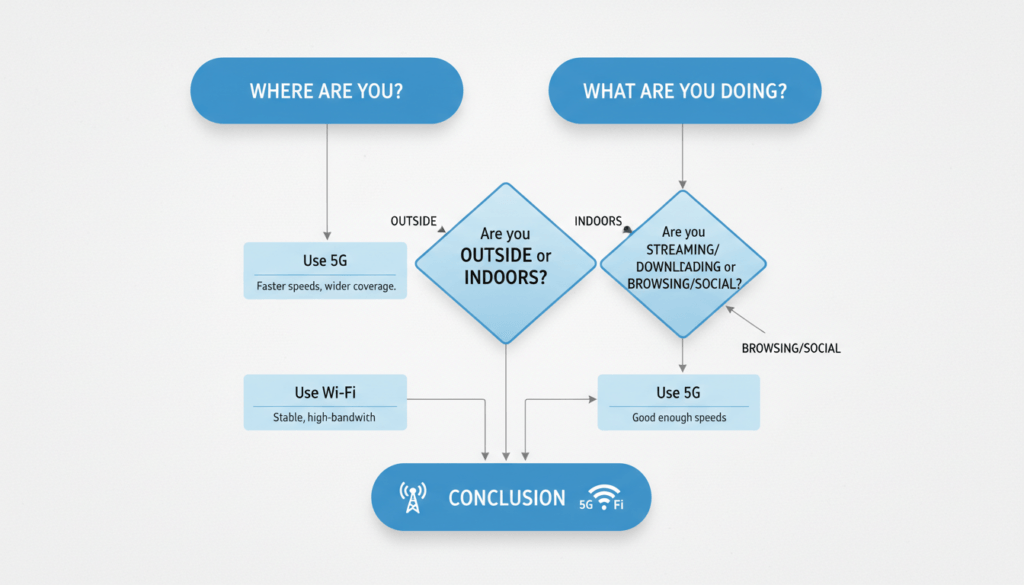 Visual flowchart diagram guiding the user through 'Where are you?' and 'What are you doing?' questions to arrive at either a 'Use 5G' or 'Use Wi-Fi' conclusion.