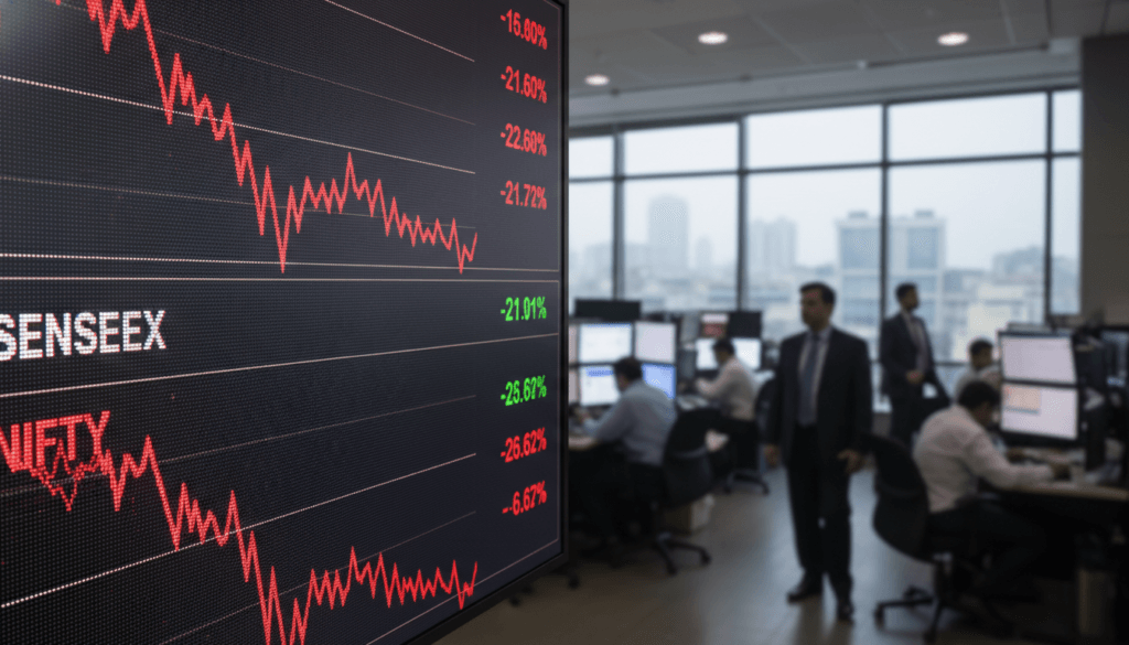 A wide 16:9 shot of a stock market digital board showing Sensex and Nifty graphs crashing with red downward trend lines, set against a blurred background of a busy trading floor in Mumbai.