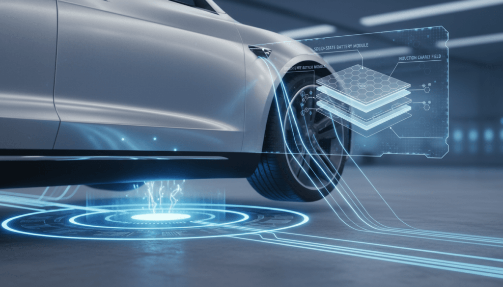 Close up of a futuristic Tesla charging port, wireless induction charging pad underneath the vehicle, glowing blue energy indicators, solid-state battery diagram overlay.