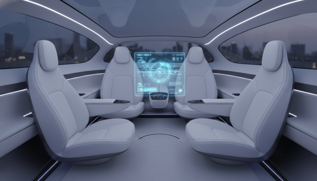 Interior view of the Tesla Model Z, four seats facing each other in a lounge configuration, white vegan leather, minimalist design, large holographic display in the center, ambient LED lighting, no steering wheel visible.