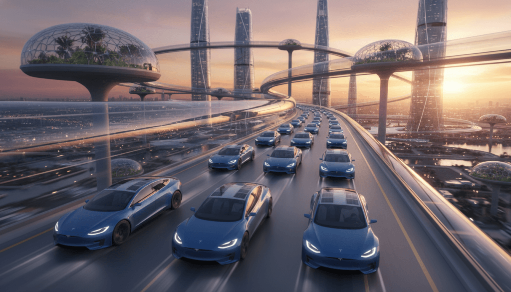 A fleet of identical Tesla Model Z cars moving in sync on a futuristic highway, dedicated autonomous lane, sunset lighting, motion blur to indicate speed.