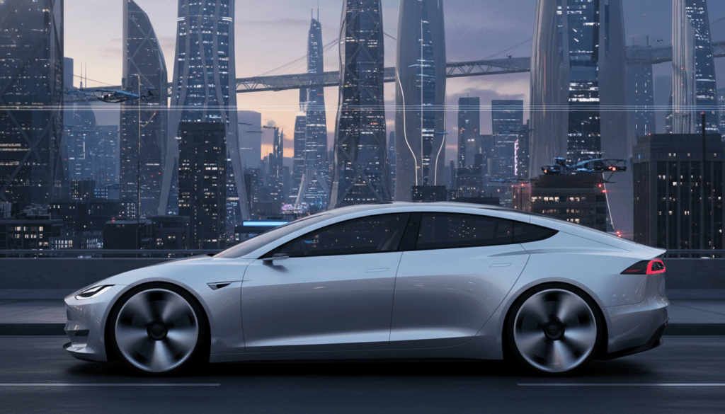 Photorealistic side profile of the Tesla Model Z concept car, sleek liquid silver finish, fully enclosed wheels for aerodynamics, seamless glass roof extending from front to back, futuristic city background at twilight.
