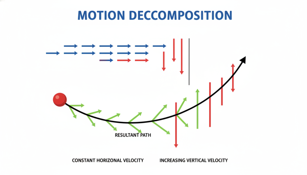 An infographic showing a ball moving right with evenly spaced arrows, and moving down with arrows that get longer and longer, combining to form a curved path.