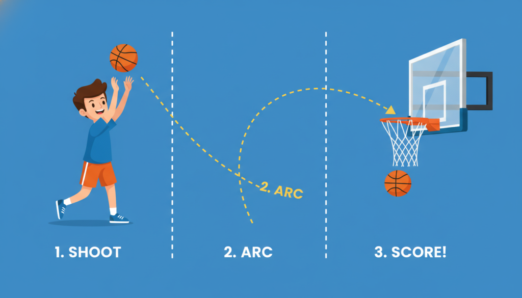 An infographic showing a boy throwing a basketball into a hoop, with a dotted curved line tracing the ball's path through the air.