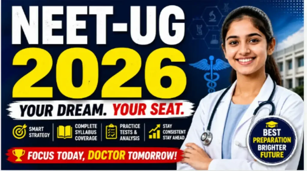 NEET-UG 2026 preparation thumbnail featuring a medical student with bold text overlay about exam strategy, syllabus coverage, practice tests, and medical entrance exam success.