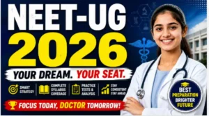 NEET-UG 2026 preparation thumbnail featuring a medical student with bold text overlay about exam strategy, syllabus coverage, practice tests, and medical entrance exam success.