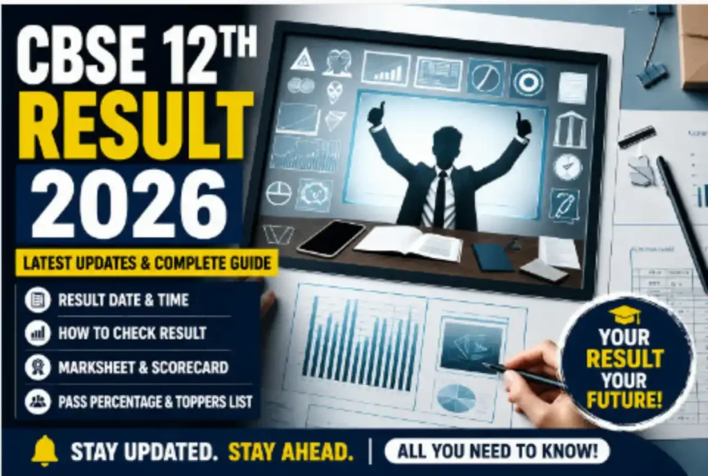 CBSE 12th Result 2026 concept image showing a student celebrating exam success with charts, reports, and academic performance visuals.