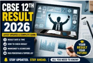 CBSE 12th Result 2026 concept image showing a student celebrating exam success with charts, reports, and academic performance visuals.