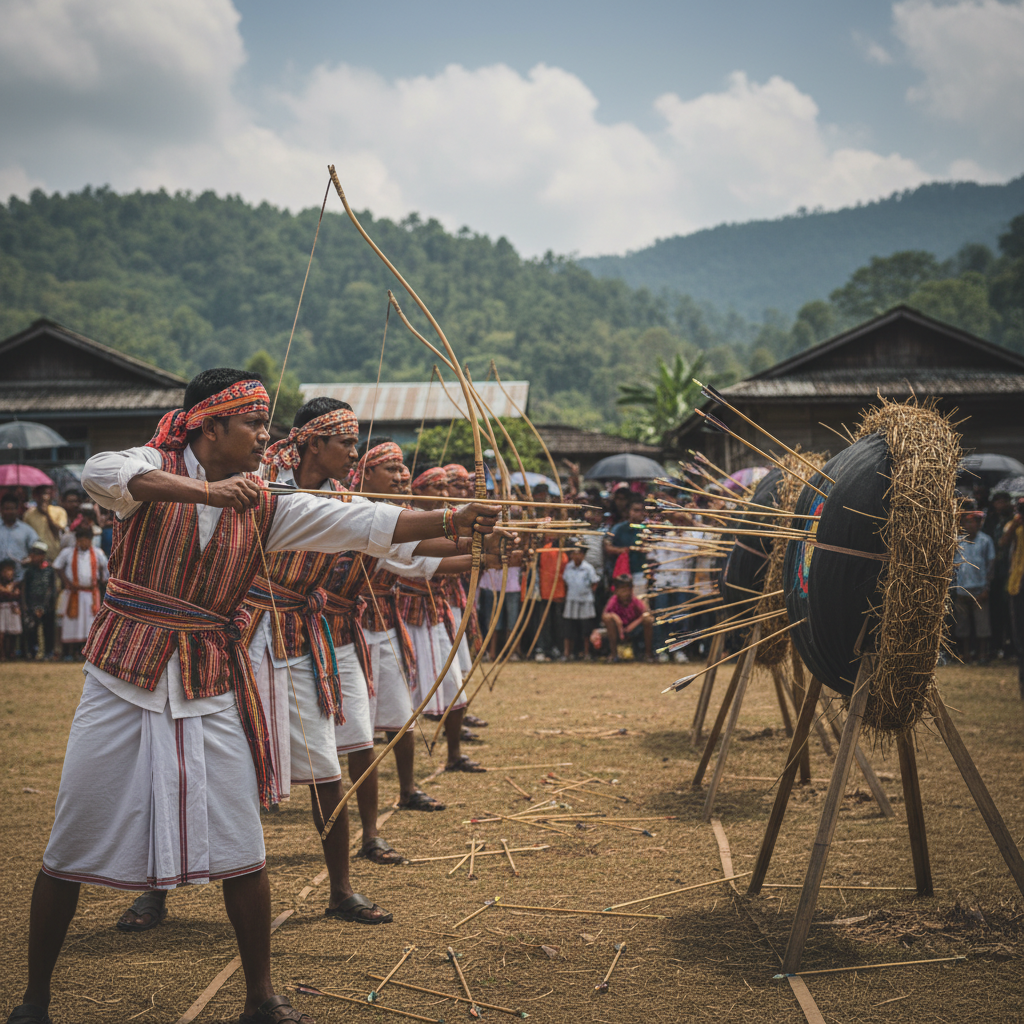 A professional photograph of traditional Khasi archers in Meghalaya aiming at a cylindrical straw target during a Teer competition.