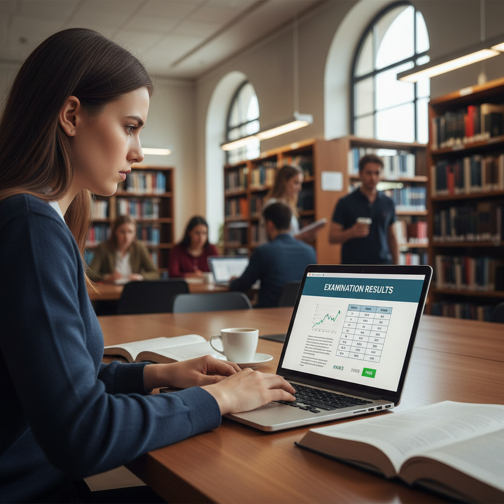 A professional setting showing a student checking examination results on a laptop with a focused expression.