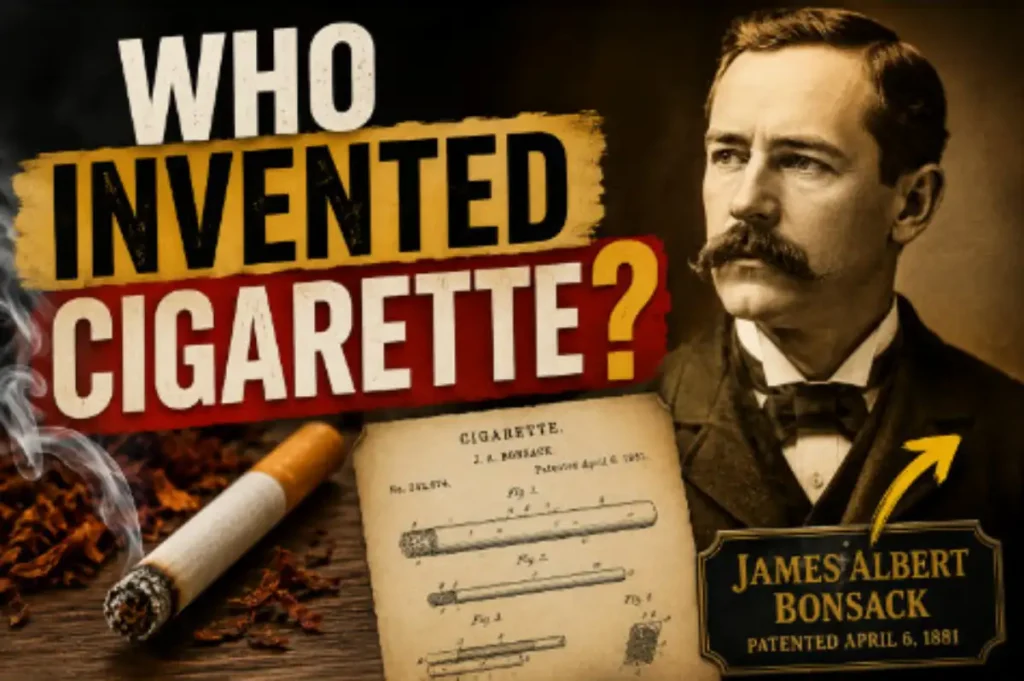 Who invented the cigarette? Vintage illustration featuring James Albert Bonsack, a cigarette, and an 1881 cigarette patent document.