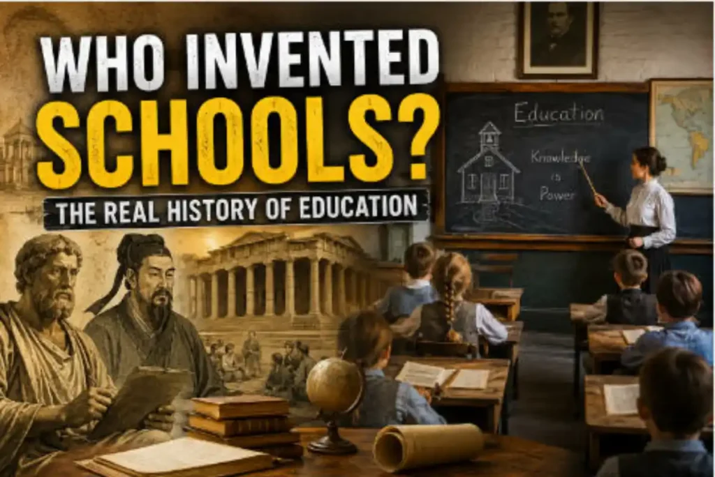 Illustration showing the history of schools with ancient scholars, a classical academy, and a modern classroom representing the evolution of education.